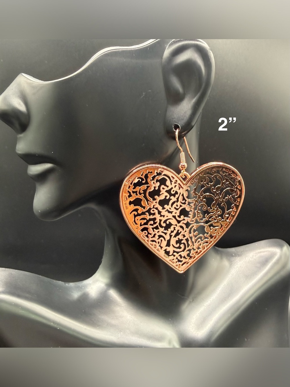 Filigree Heart Drop Earrings - Rose Gold Tone